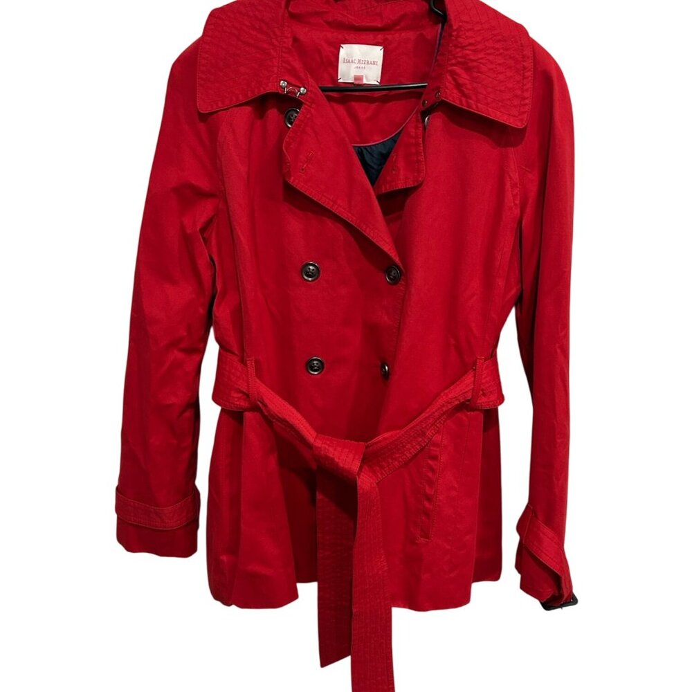 Isaac Mizrahi Double-Breasted Trench Coat Belt Adjustable Cuffs Red Sz L Elegant